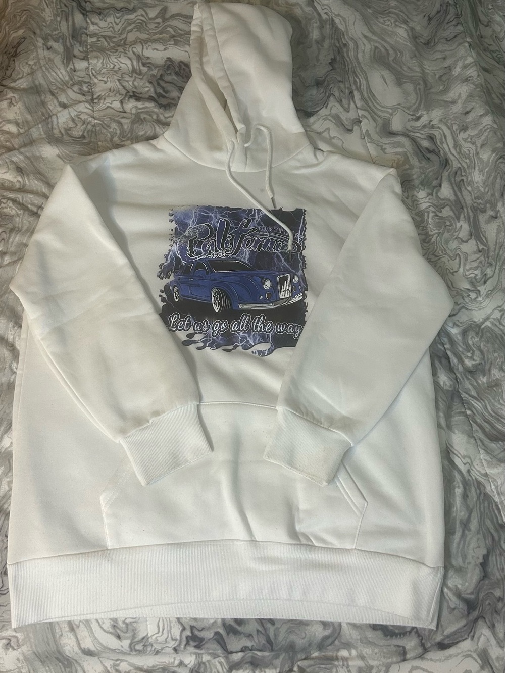 SHEIN White Hoodie with Blue Vintage Car Graphic